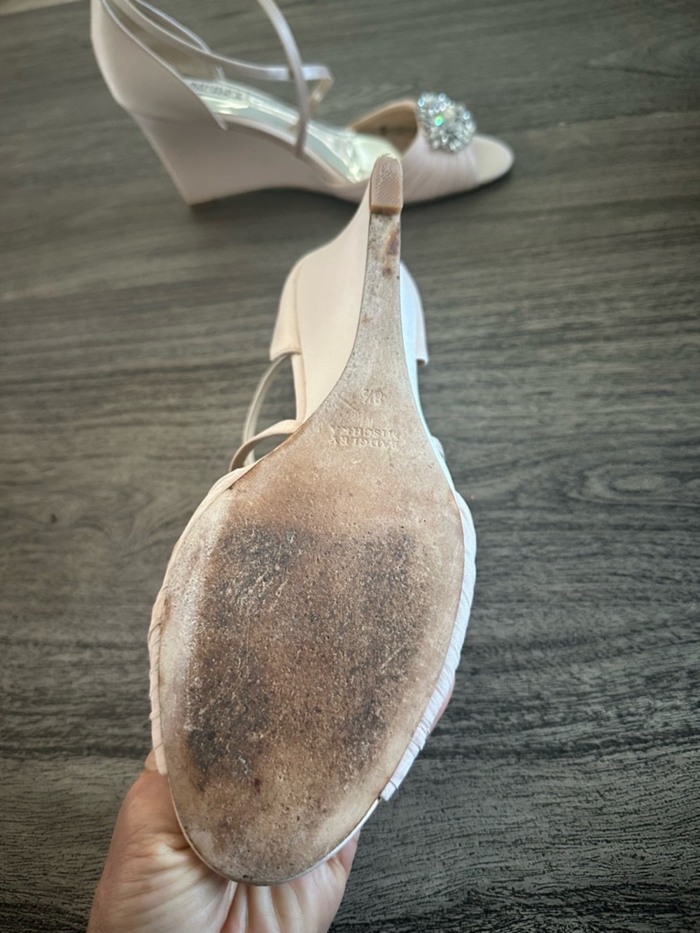 Badgley Mischka Rose Gold Satin Wedge Sandal with Crystal Accent - Picture 4 of 11